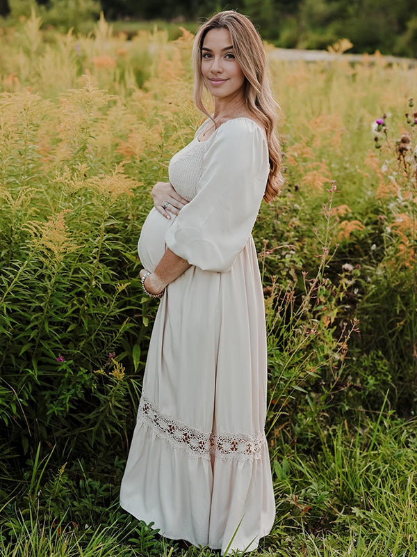 Mumsmode Zwangerchaps Maxi Fotoshoot Jurk Boheems Ruches Kanten Elleboog Mouw Wit