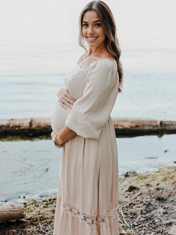 Mumsmode Zwangerchaps Maxi Fotoshoot Jurk Boheems Ruches Kanten Elleboog Mouw Wit