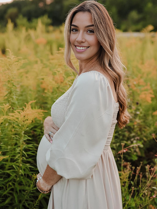 Mumsmode Zwangerchaps Maxi Fotoshoot Jurk Boheems Ruches Kanten Elleboog Mouw Wit