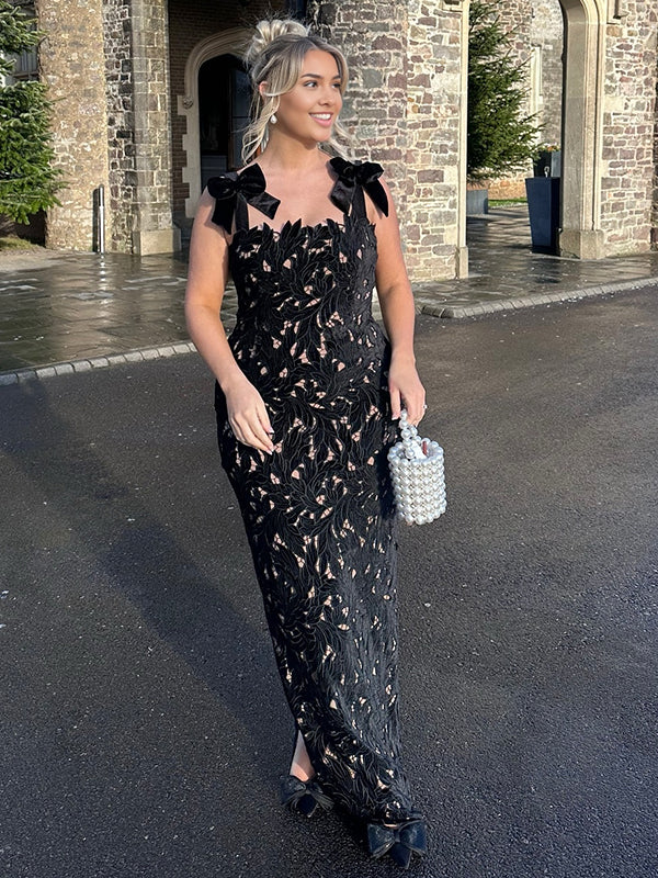 Mumsmode Zwangerchaps Maxi Gala Jurk Elegant Borduursel Vlinderdas Zwart