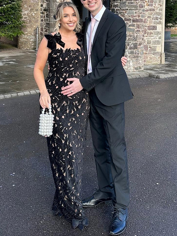 Mumsmode Zwangerchaps Maxi Gala Jurk Elegant Borduursel Vlinderdas Zwart