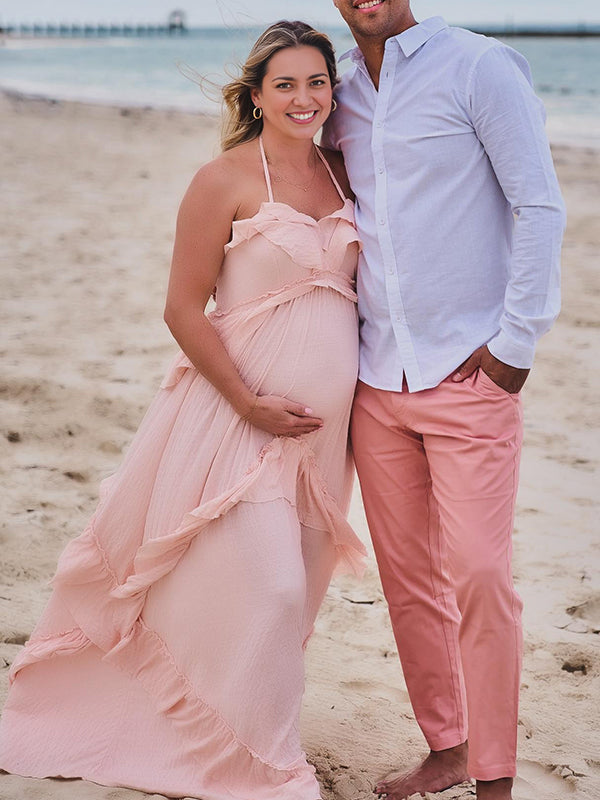 Mumsmode Zwangerchaps Maxi Fotoshoot Jurk Elegant Rugloos Ruches V-hals Roze