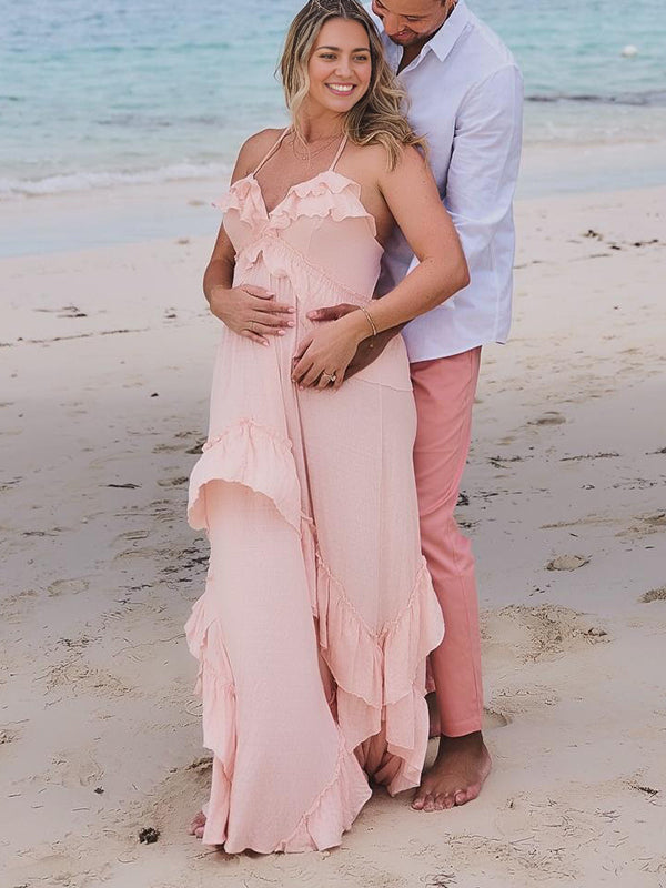 Mumsmode Zwangerchaps Maxi Fotoshoot Jurk Elegant Rugloos Ruches V-hals Roze