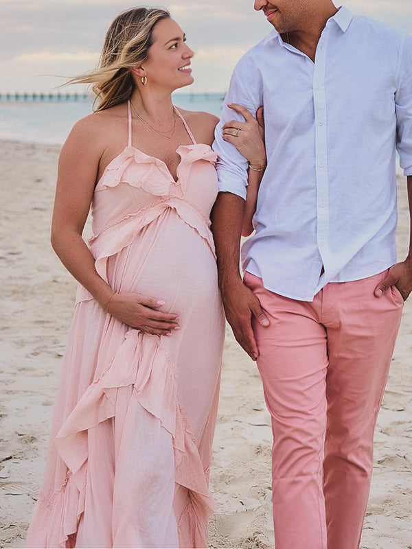 Mumsmode Zwangerchaps Maxi Fotoshoot Jurk Elegant Rugloos Ruches V-hals Roze