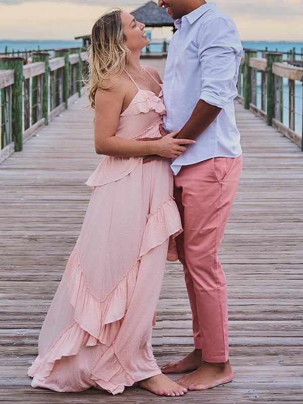 Mumsmode Zwangerchaps Maxi Fotoshoot Jurk Elegant Rugloos Ruches V-hals Roze