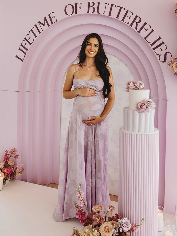 Mumsmode Zwangerchaps Maxi BabyShower Jurk Elegant Bloemenprint Spaghetti Gebonden Rug Paars