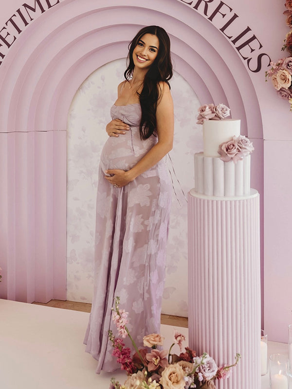 Mumsmode Zwangerchaps Maxi BabyShower Jurk Elegant Bloemenprint Spaghetti Gebonden Rug Paars