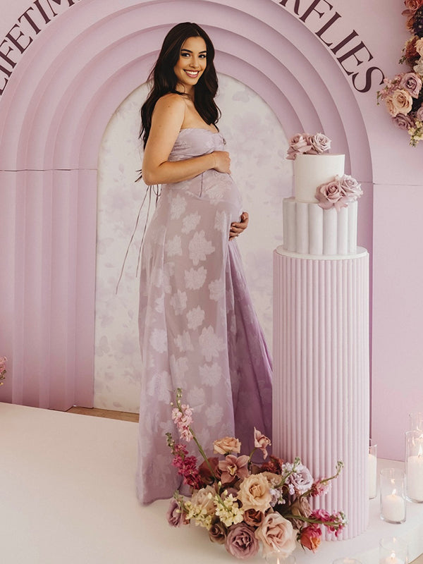 Mumsmode Zwangerchaps Maxi BabyShower Jurk Elegant Bloemenprint Spaghetti Gebonden Rug Paars