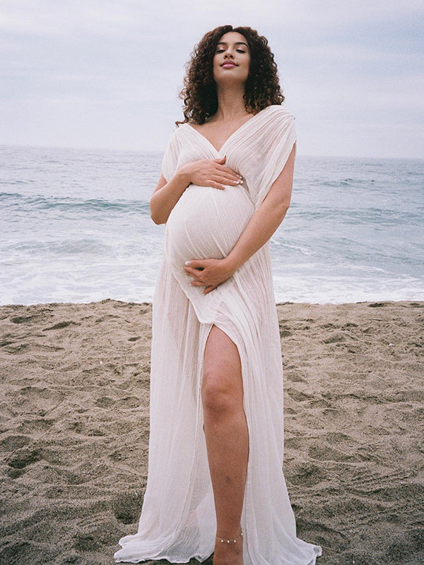 Mumsmode Zwangerchaps Maxi Fotoshoot Jurk Elegant Zijsplit V-hals Wit