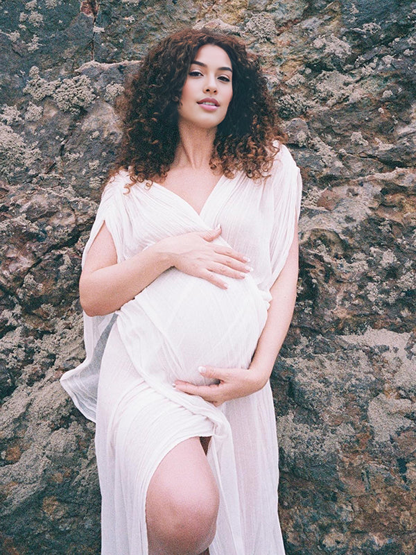 Mumsmode Zwangerchaps Maxi Fotoshoot Jurk Elegant Zijsplit V-hals Wit