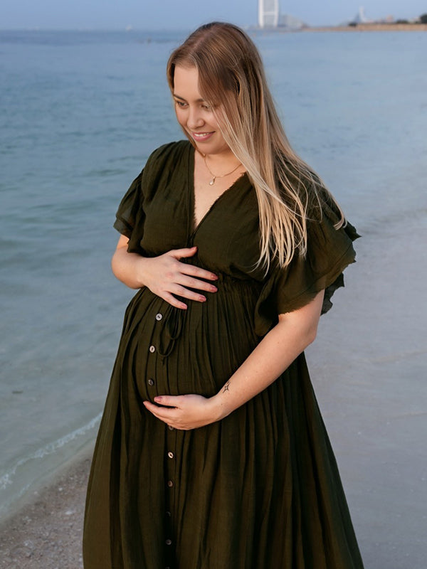 Mumsmode Zwangerchaps Maxi Fotoshoot Jurk Boheems Koord Enkele Borst Militair Groen