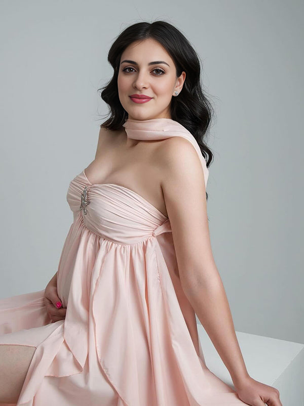 Mumsmode Zwangerchaps Maxi Fotoshoot Jurk Elegant Rugloos Ruches Roze