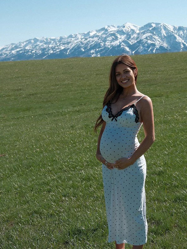 Maxi Bodyconjurk Zwangerschaps Stippenprint Spaghetti Rugloos Kanten Wit