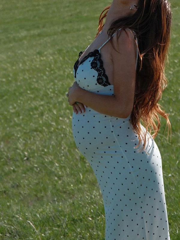 Maxi Bodyconjurk Zwangerschaps Stippenprint Spaghetti Rugloos Kanten Wit