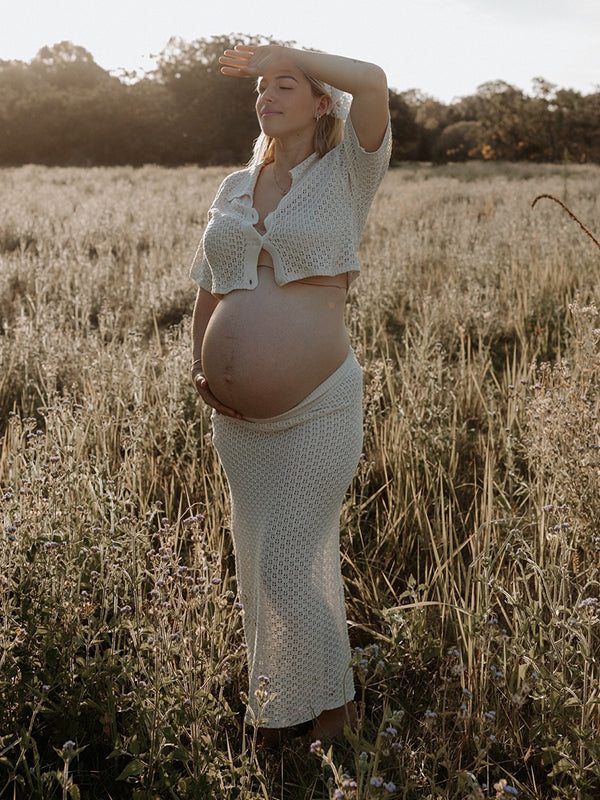 Maxi Fotoshootjurk Zwangerschaps Gebreide Enkele Borst 2-in-1 Abrikoos