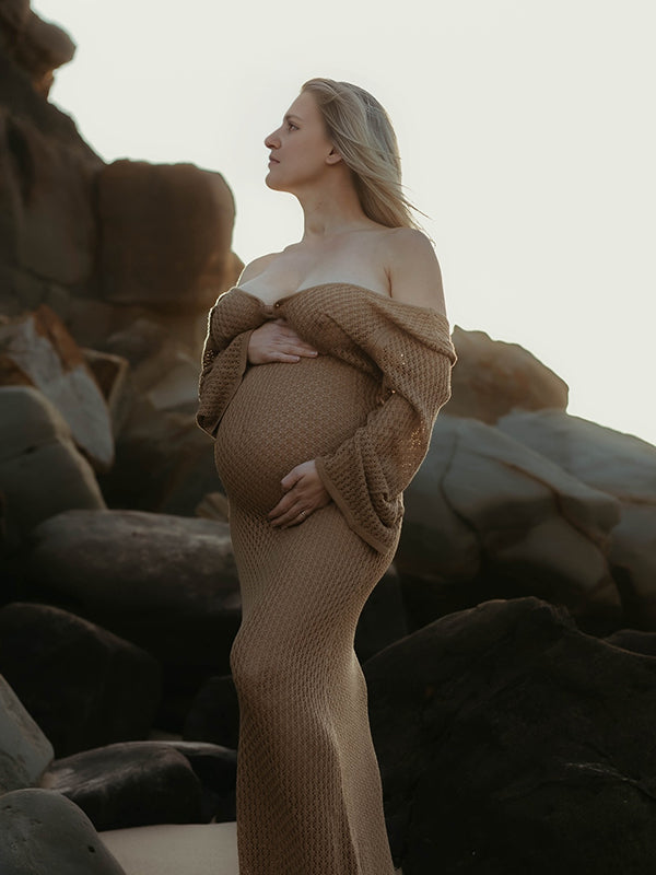 Maxi Fotoshootjurk Zwangerschaps Gebreide Uithollen Rugloos Karamel