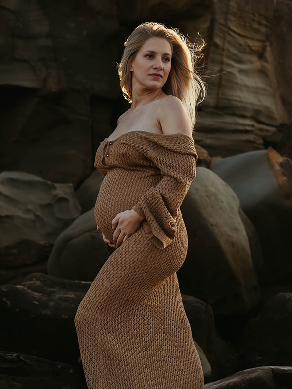 Maxi Fotoshootjurk Zwangerschaps Gebreide Uithollen Rugloos Karamel