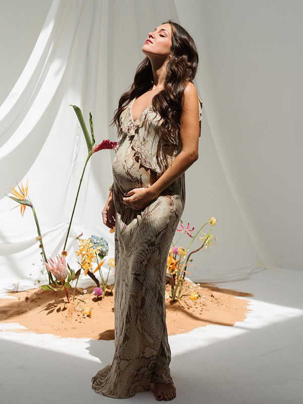Maxi Bodyconjurk Zwangerschaps Python-afdruk Ruches Spaghetti Abrikoos