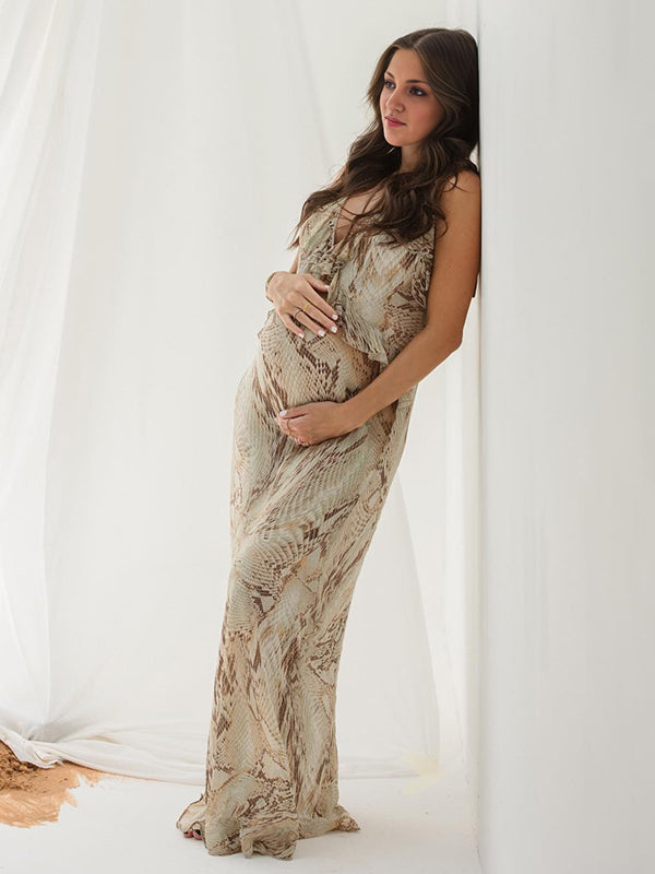 Maxi Bodyconjurk Zwangerschaps Python-afdruk Ruches Spaghetti Abrikoos