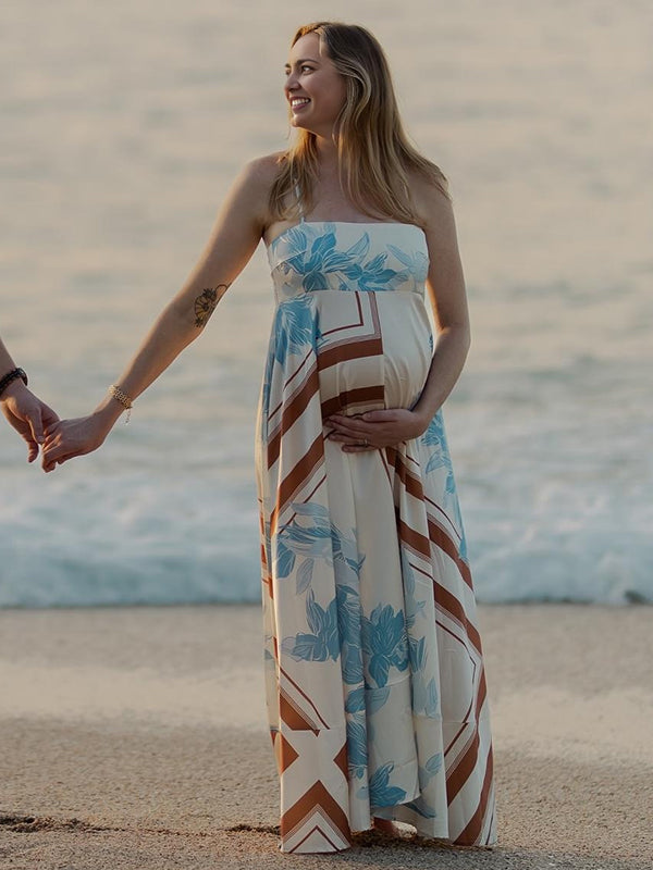 Mumsmode Zwangerchaps Maxi Fotoshoot Jurk Elegant Bloemenprint Spaghetti Blauw