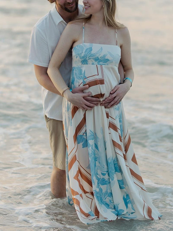 Mumsmode Zwangerchaps Maxi Fotoshoot Jurk Elegant Bloemenprint Spaghetti Blauw