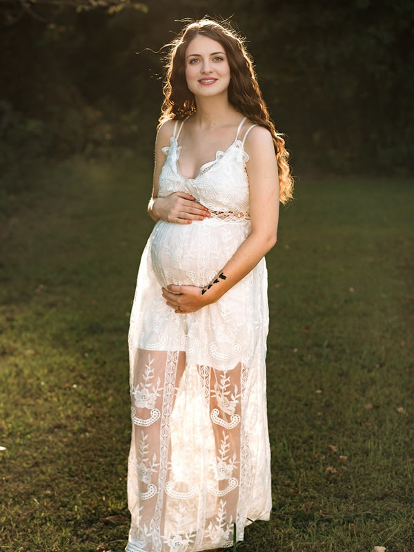 Mumsmode Zwangerchaps Maxi Fotoshoot Jurk Boheems Spaghetti Kanten Wit