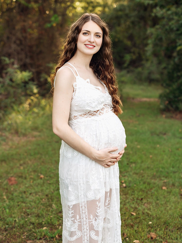 Mumsmode Zwangerchaps Maxi Fotoshoot Jurk Boheems Spaghetti Kanten Wit