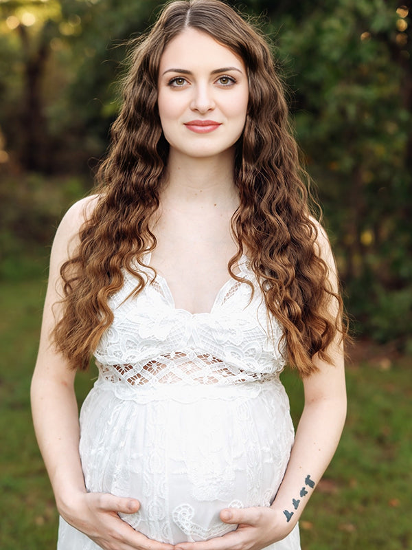 Mumsmode Zwangerchaps Maxi Fotoshoot Jurk Boheems Spaghetti Kanten Wit