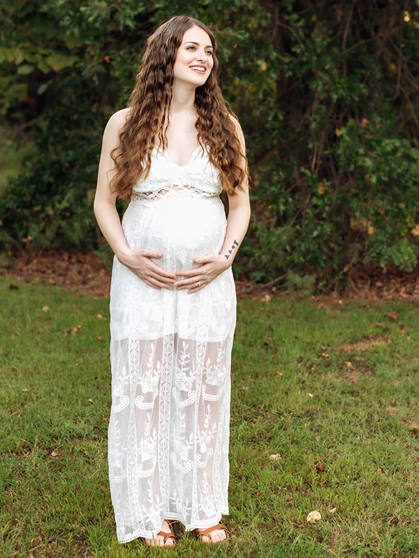 Mumsmode Zwangerchaps Maxi Fotoshoot Jurk Boheems Spaghetti Kanten Wit