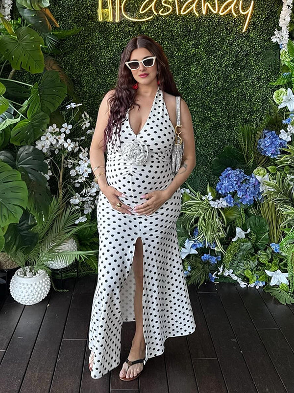 Maxi Bodyconjurk Zwangerschaps Stippenprint Zijsplit 3D Bloemen Wit
