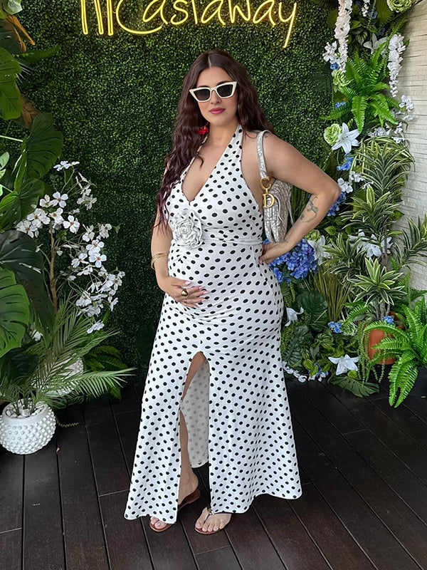 Maxi Bodyconjurk Zwangerschaps Stippenprint Zijsplit 3D Bloemen Wit