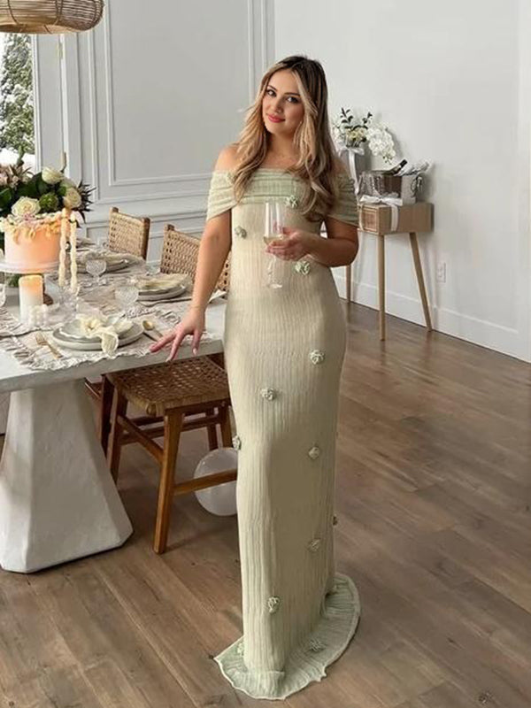 Mumsmode Elegant Chique Ceremonie 3D Bloemen Off Shoulder Tule Maxi Bodycon Jurk