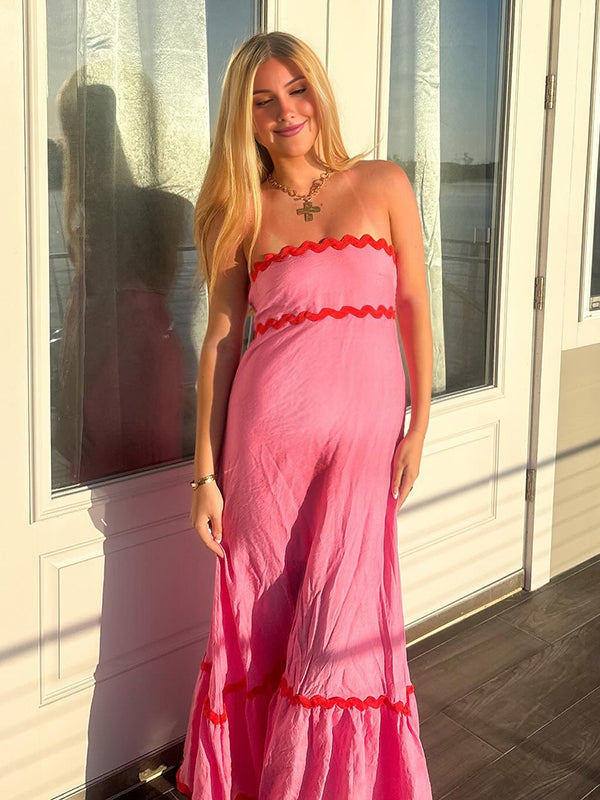 Maxi Dailyjurk Zwangerschaps Golvende Rand Trapeze Spaghetti Frambozenroos