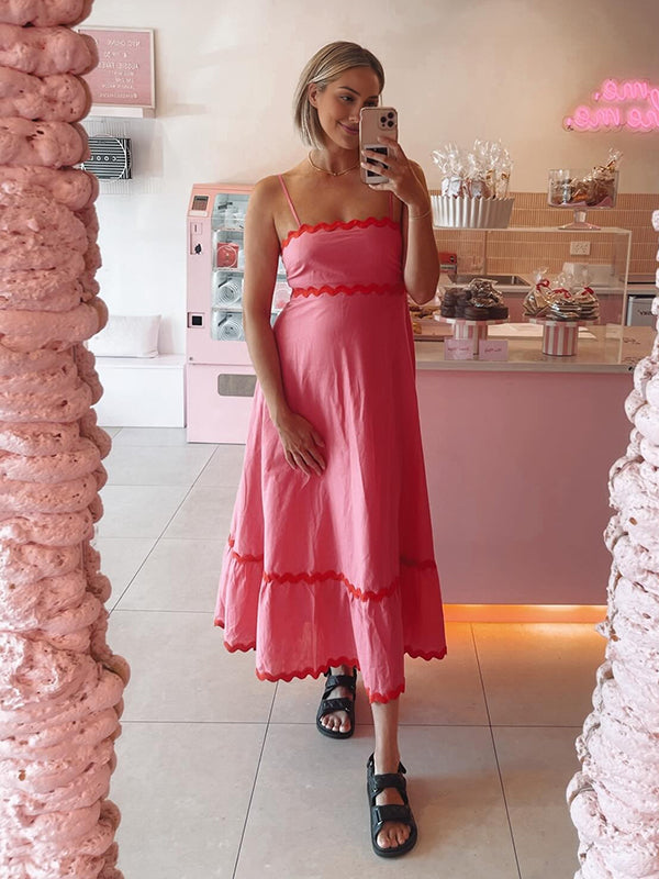Maxi Dailyjurk Zwangerschaps Golvende Rand Trapeze Spaghetti Frambozenroos