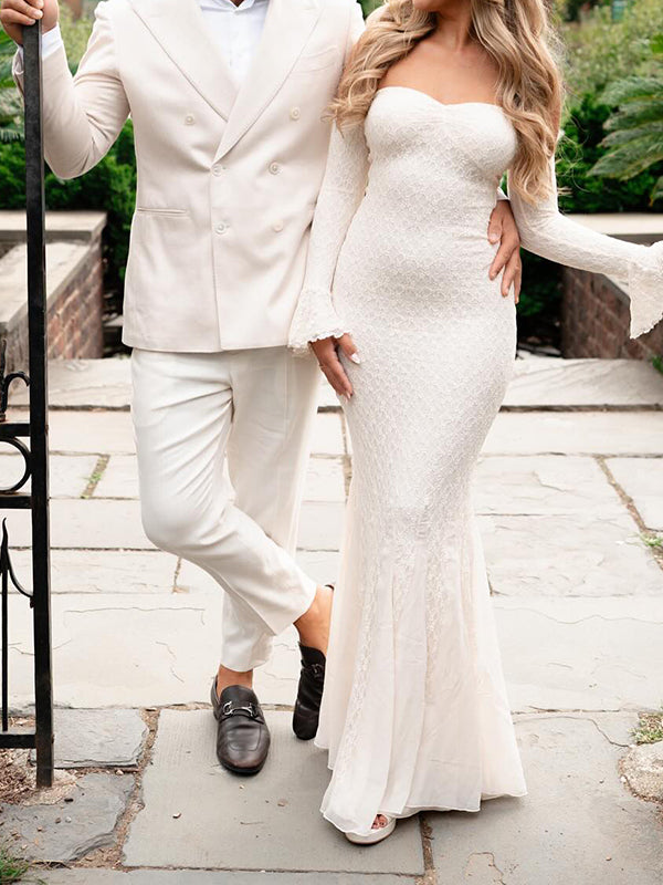 Mumsmode Elegant Ceremonie Bruiloft Kanten Off Shoulder Zeemeermin Bodycon Flare Mouw Maxi Jurk