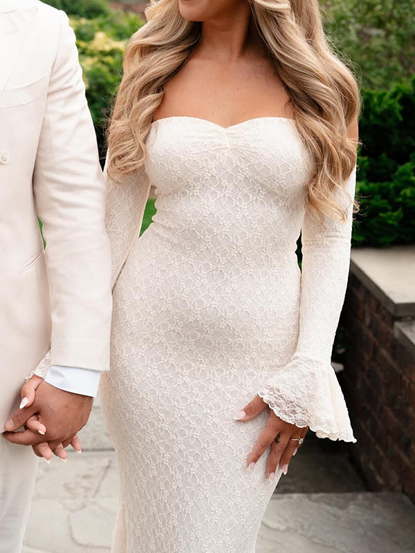 Mumsmode Elegant Ceremonie Bruiloft Kanten Off Shoulder Zeemeermin Bodycon Flare Mouw Maxi Jurk