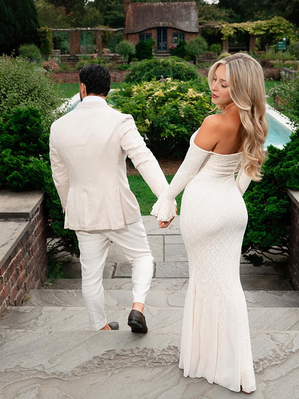 Mumsmode Elegant Ceremonie Bruiloft Kanten Off Shoulder Zeemeermin Bodycon Flare Mouw Maxi Jurk