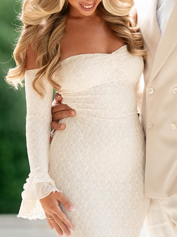 Mumsmode Elegant Ceremonie Bruiloft Kanten Off Shoulder Zeemeermin Bodycon Flare Mouw Maxi Jurk