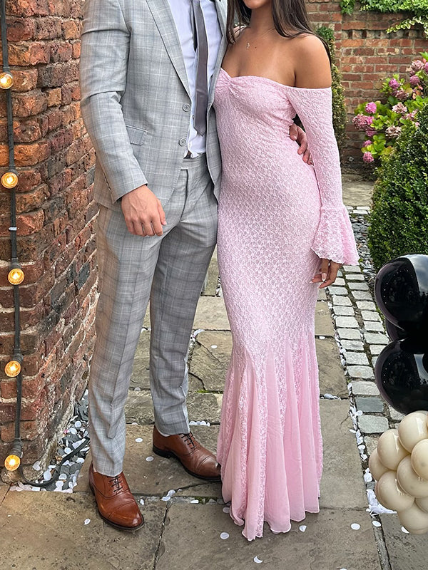 Mumsmode Elegant Ceremonie Kanten Off Shoulder Zeemeermin Bodycon Flare Mouw Maxi Jurk