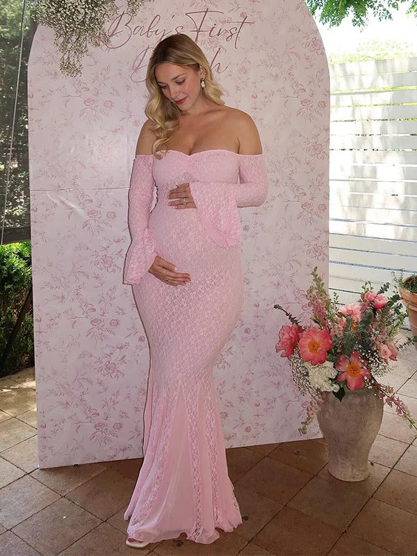 Mumsmode Zwangerschaps Maxi Bodycon Jurk Chique Cocktail  Kanten Off Shoulder Ruches Zeemeermin