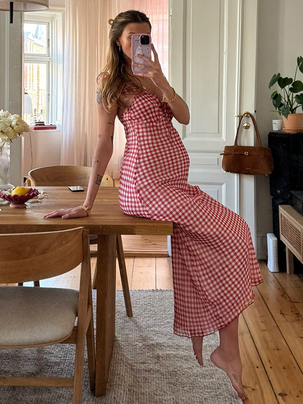 Mumsmode Zwangerschaps Maxi Bodyconjurk Plaid Ruches Koord Rood