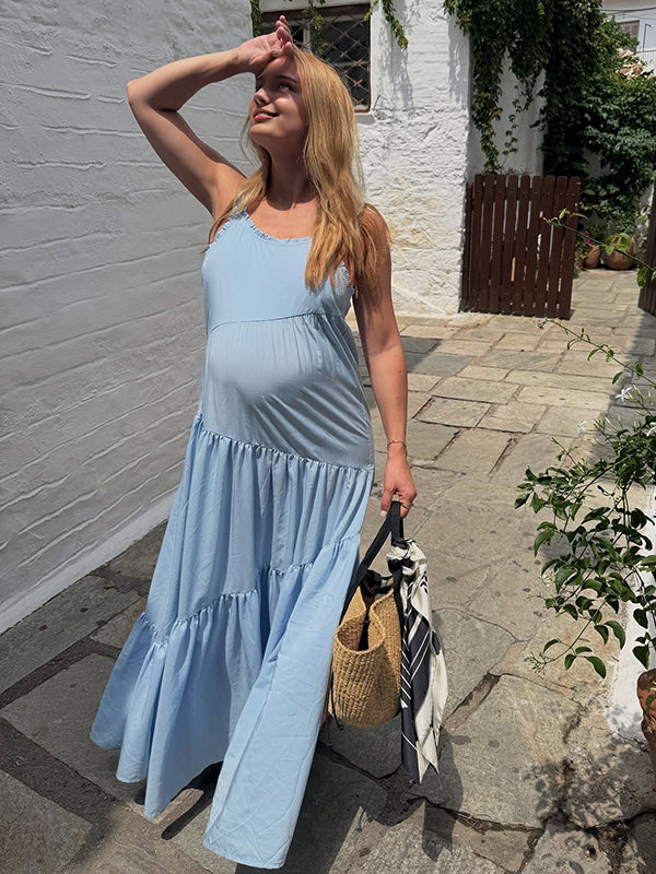 Mumsmode Zwangerschaps Maxi Dailyjurk Patchwork Gedrapeerd Spaghetti Lichtblauw