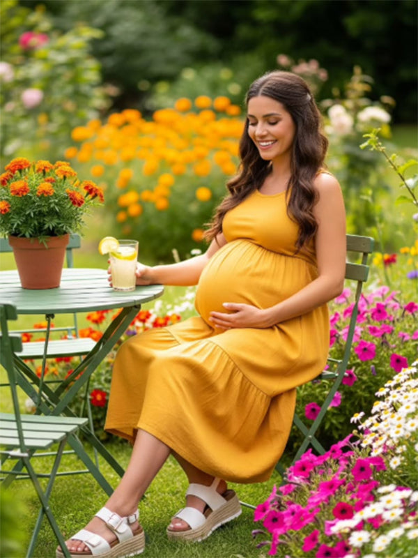 Mumsmode Zwangerchaps Maxi Jurk Gedrapeerd Dagelijks Elegant Geel