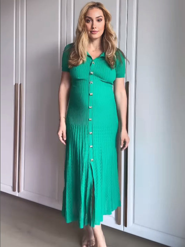 Mumsmode Zwangerschaps Maxi Dailyjurk Enkele Borst Geplooid Gebreide Groen