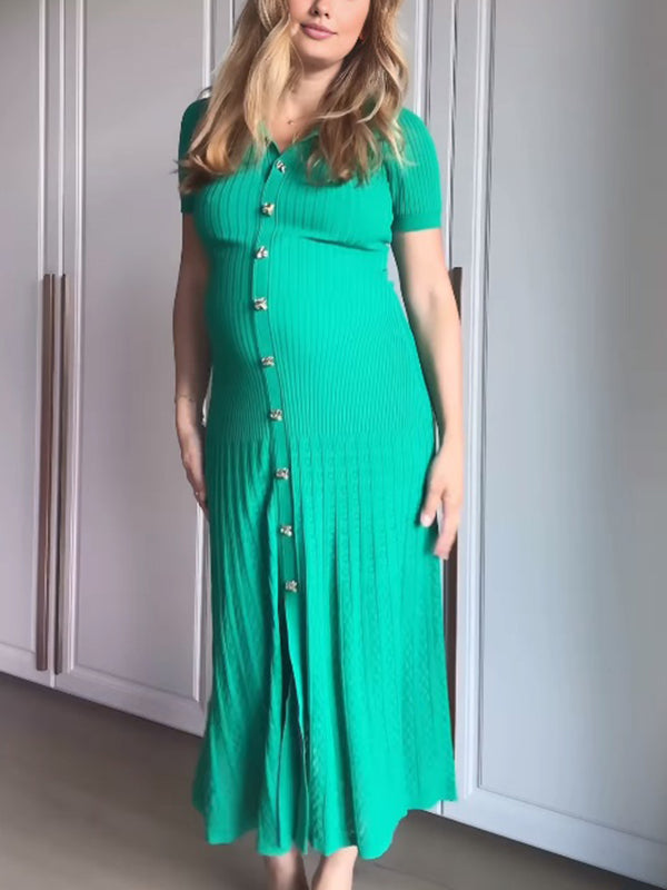 Mumsmode Zwangerschaps Maxi Dailyjurk Enkele Borst Geplooid Gebreide Groen