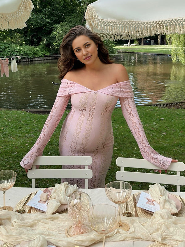 Mumsmode Zwangerschaps Maxi Babyshower Jurk Kanten Off Shoulder Zeemeermin Roze