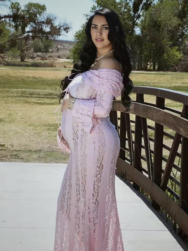 Mumsmode Zwangerschaps Maxi Babyshower Jurk Kanten Off Shoulder Zeemeermin Roze