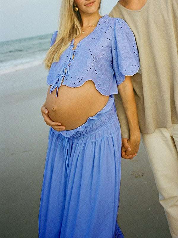 Mumsmode Zwangerschaps Maxi Fotoshoot Jurk 2-in-1 Golvende Rand Uithollen Blauw