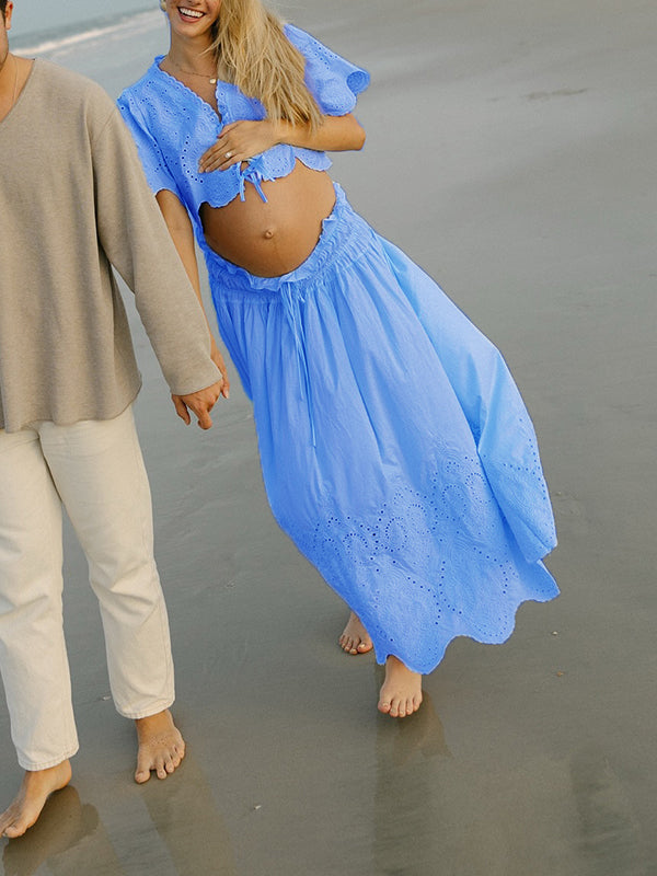Mumsmode Zwangerschaps Maxi Fotoshoot Jurk 2-in-1 Golvende Rand Uithollen Blauw
