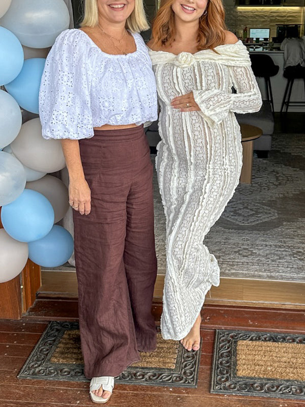 Mumsmode Zwangerschaps Maxi Babyshower Jurk Kanten Ruches Bloemen Off Shoulder Wit